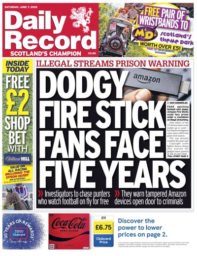 Daily Record Newspaper Front Page (UK) for 7 June 2025