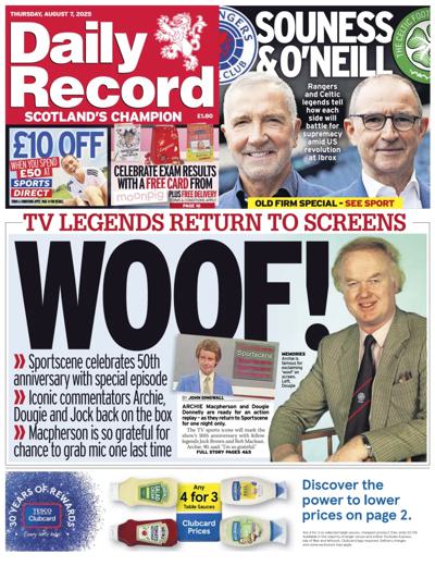 Daily Record Newspaper Front Page (UK) for 7 August 2025