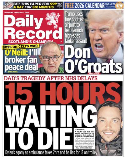 Daily Record Newspaper Front Page (UK) for 8 January 2026