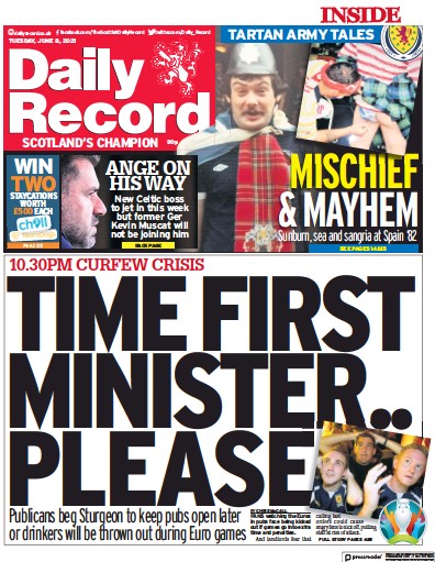 Daily Record Newspaper Front Page (UK) for 8 June 2021