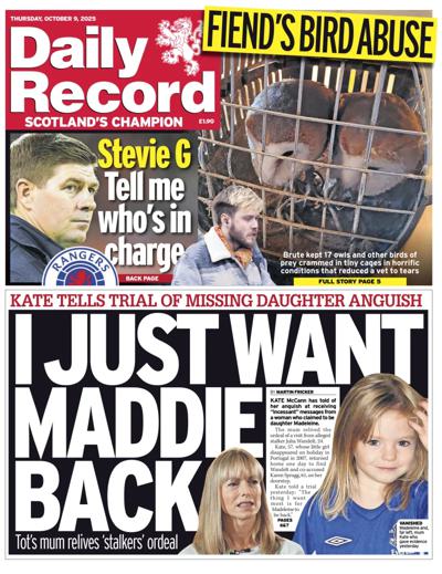 Daily Record Newspaper Front Page (UK) for 9 October 2025