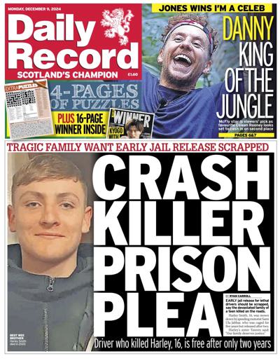 Daily Record Newspaper Front Page (UK) for 9 December 2024