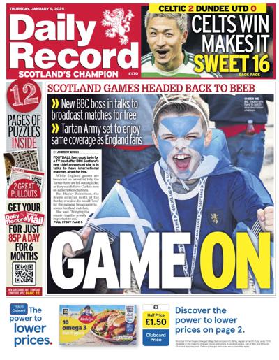 Daily Record Newspaper Front Page (UK) for 9 January 2025