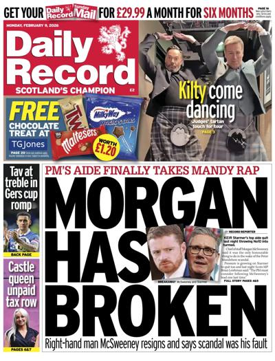 Daily Record Newspaper Front Page (UK) for 9 February 2026