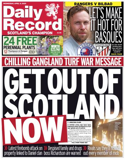Daily Record Newspaper Front Page (UK) for 9 April 2025
