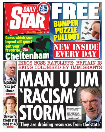 Daily Star Newspaper Front Page (UK) for 12 February 2026