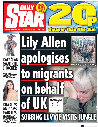 Daily Star Newspaper Front Page (UK) for 13 October 2016