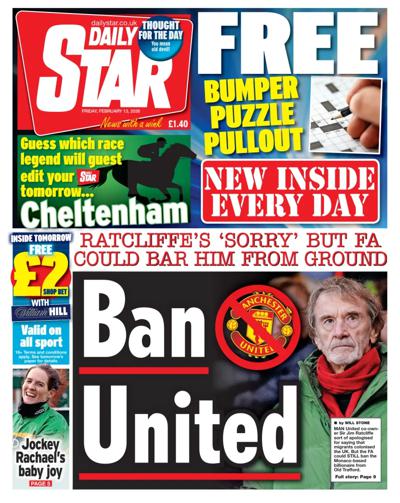 Daily Star Newspaper Front Page (UK) for 13 February 2026