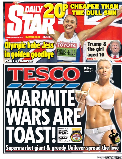 Daily Star Newspaper Front Page (UK) for 14 October 2016