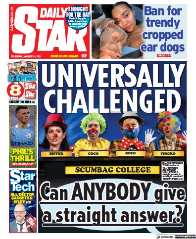 Daily Star Newspaper Front Page (UK) for 14 January 2021