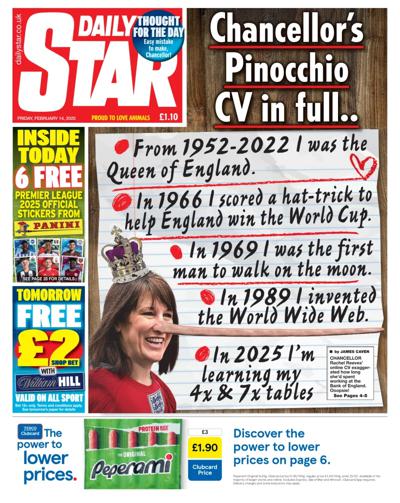 Daily Star Newspaper Front Page (UK) for 14 February 2025