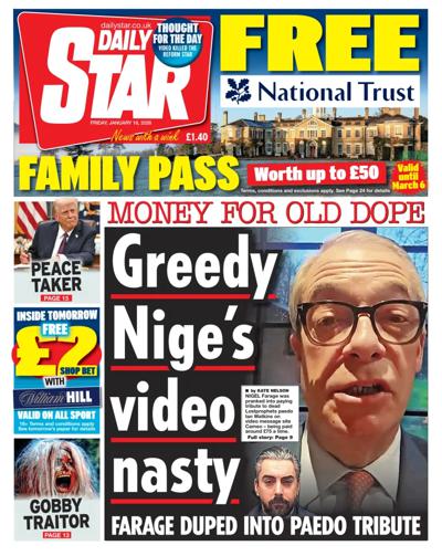 Daily Star Newspaper Front Page (UK) for 16 January 2026