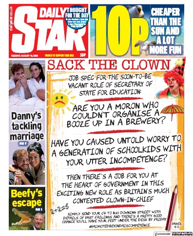 Daily Star Newspaper Front Page (UK) for 18 August 2020