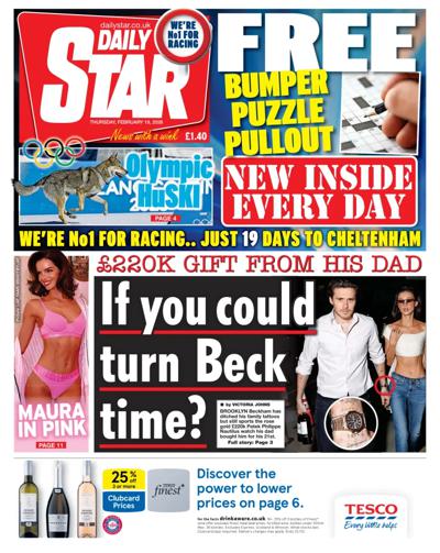 Daily Star Newspaper Front Page (UK) for 19 February 2026