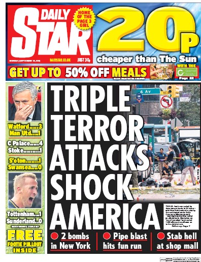 Daily Star Newspaper Front Page (UK) for 19 September 2016