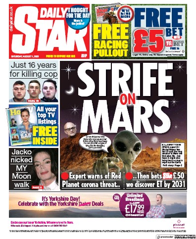 Daily Star Newspaper Front Page (UK) for 1 August 2020