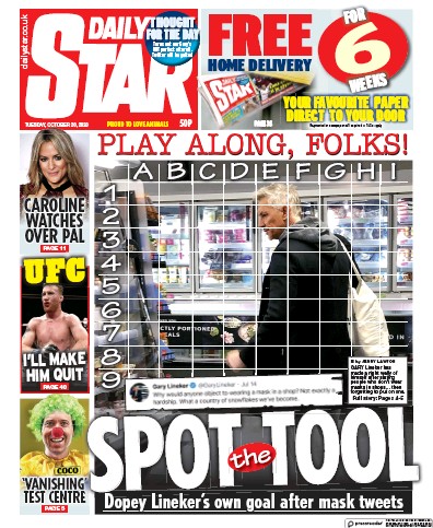 Daily Star Newspaper Front Page (UK) for 20 October 2020