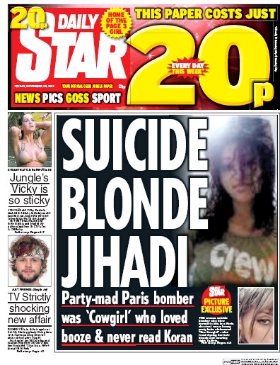 Daily Star Newspaper Front Page (UK) for 20 November 2015