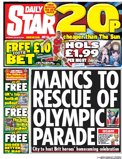 Daily Star Newspaper Front Page (UK) for 20 August 2016