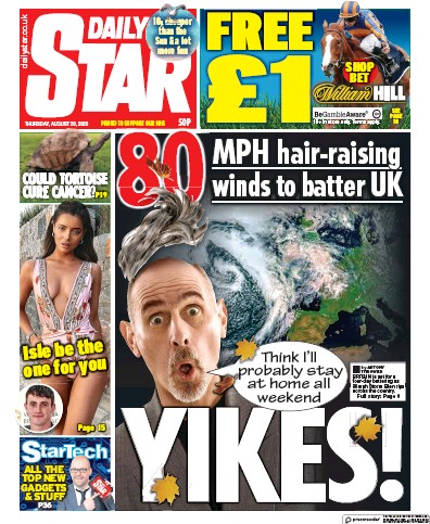 Daily Star Newspaper Front Page (UK) for 20 August 2020