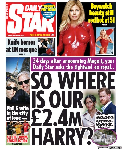 Daily Star Newspaper Front Page (UK) for 21 February 2020