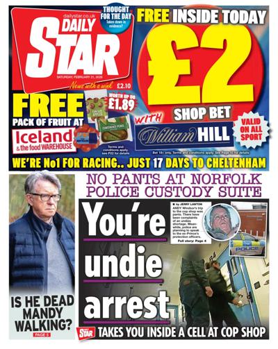 Daily Star Newspaper Front Page (UK) for 21 February 2026