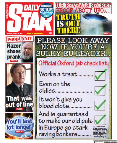 Daily Star Newspaper Front Page (UK) for 23 March 2021