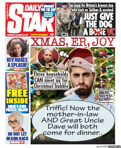 Daily Star Newspaper Front Page (UK) for 25 November 2020