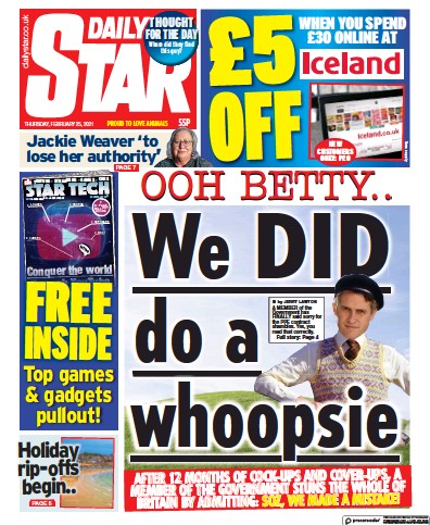 Daily Star Newspaper Front Page (UK) for 25 February 2021