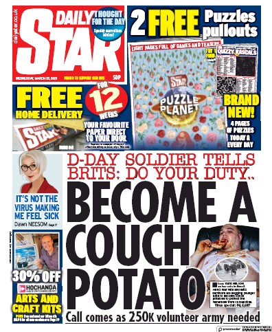 Daily Star Newspaper Front Page (UK) for 25 March 2020