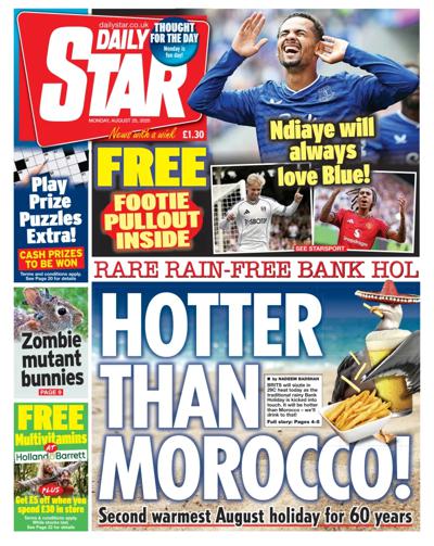 Daily Star Newspaper Front Page (UK) for 25 August 2025