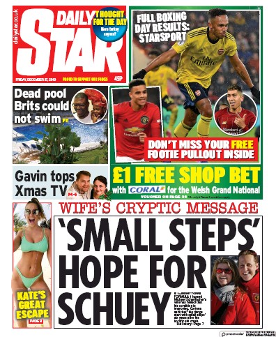 Daily Star Newspaper Front Page (UK) for 27 December 2019