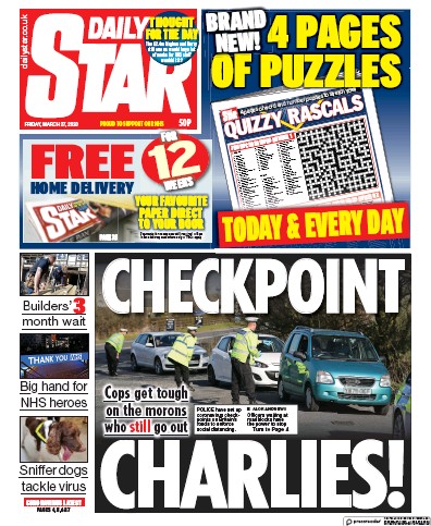 Daily Star Newspaper Front Page (UK) for 27 March 2020