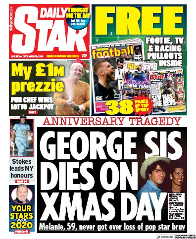 Daily Star Newspaper Front Page (UK) for 28 December 2019