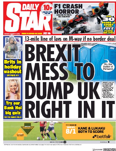 Daily Star Newspaper Front Page (UK) for 28 August 2018