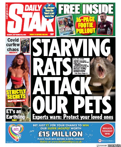 Daily Star Newspaper Front Page (UK) for 28 September 2020