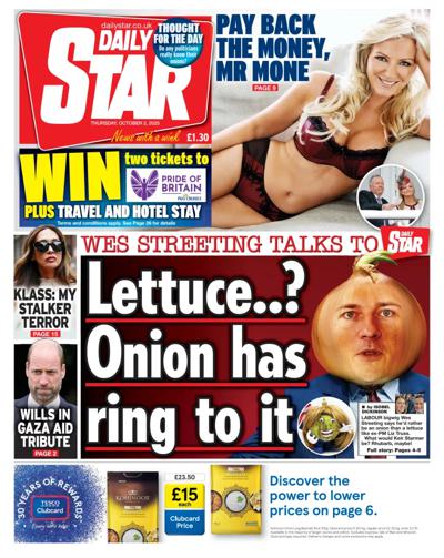 Daily Star Newspaper Front Page (UK) for 2 October 2025