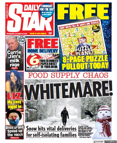 Daily Star Newspaper Front Page (UK) for 30 December 2020