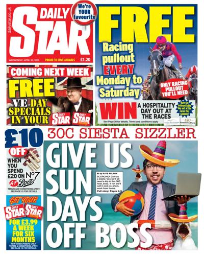 Daily Star Newspaper Front Page (UK) for 30 April 2025