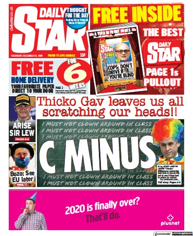 Daily Star Newspaper Front Page (UK) for 31 December 2020