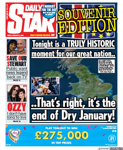 Daily Star Newspaper Front Page (UK) for 31 January 2020