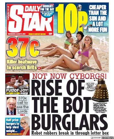 Daily Star Newspaper Front Page (UK) for 5 August 2020