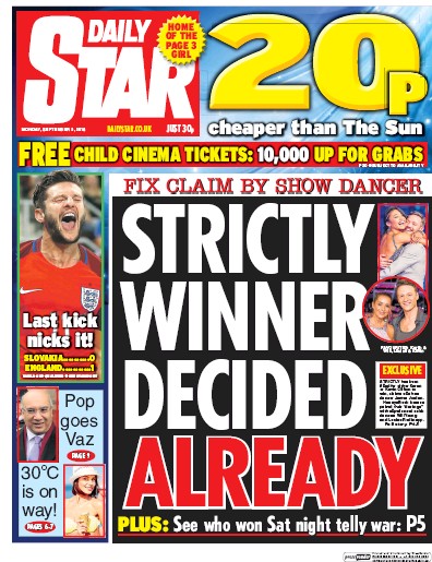 Daily Star Newspaper Front Page (UK) for 5 September 2016