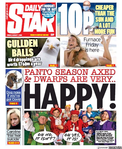 Daily Star Newspaper Front Page (UK) for 7 August 2020