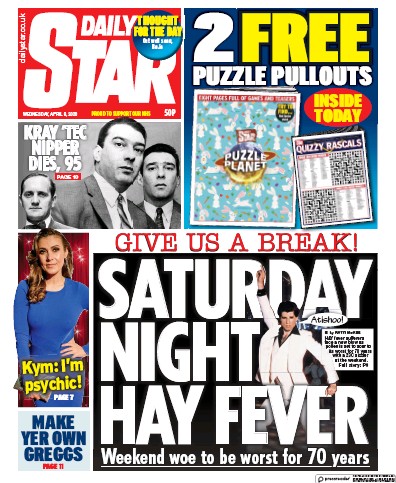 Daily Star Newspaper Front Page (UK) for 8 April 2020