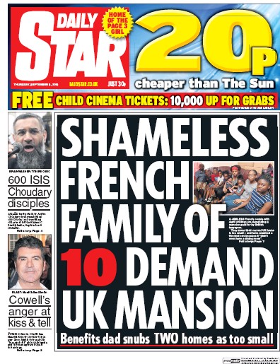 Daily Star Newspaper Front Page (UK) for 8 September 2016