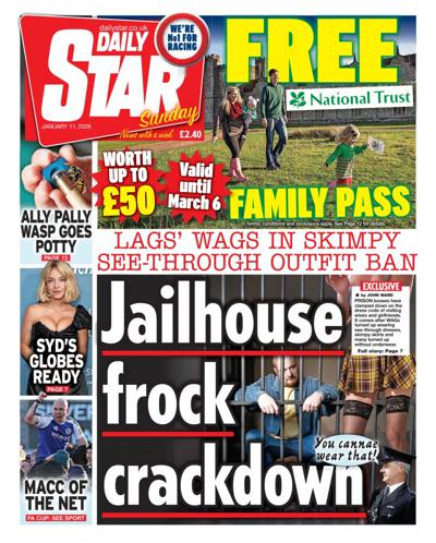 Daily Star Sunday Newspaper Front Page (UK) for 11 January 2026