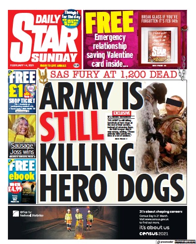 Daily Star Sunday Newspaper Front Page (UK) for 14 February 2021