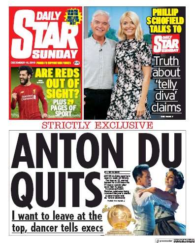 Daily Star Sunday Newspaper Front Page (UK) for 15 December 2019