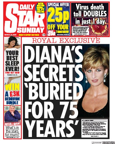 Daily Star Sunday Newspaper Front Page (UK) for 15 March 2020